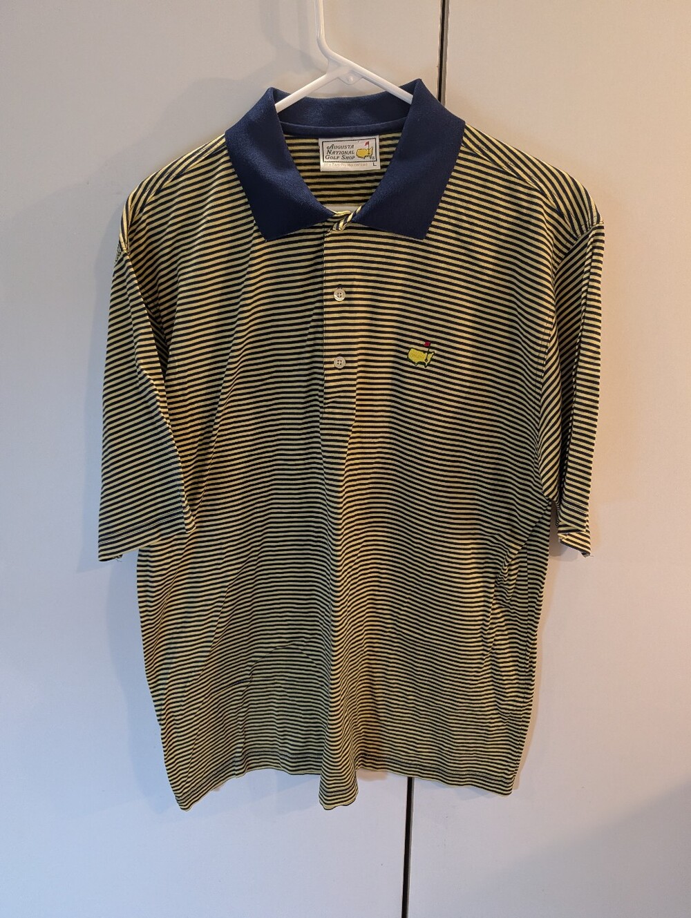 Augusta National Golf Shop Masters Men’s Large Yellow and Navy Striped Golf Polo
